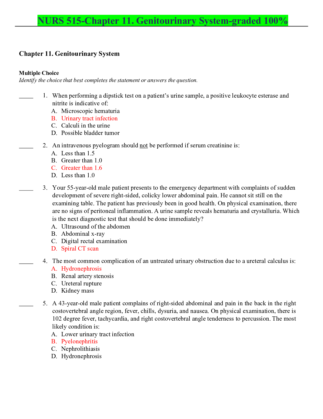 Preview image of NURS 515-Chapter 11. Genitourinary System-graded 100% document